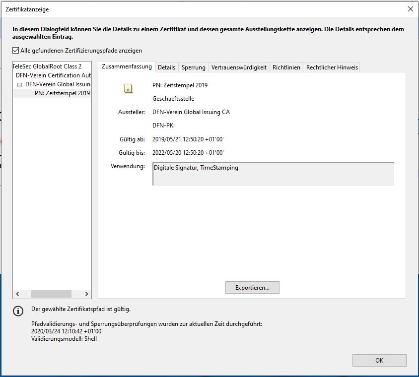 Zertifikatsanzeige Zeitstempel