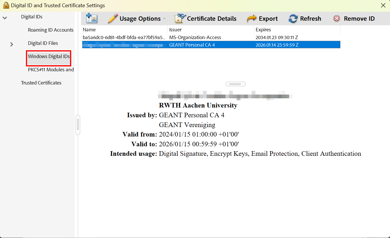 Screenshot of the Digital ID window. "Windows Digital IDs" is located between "Digital ID Files and "PKCS#11 Modules and Tokens" in the navigation. 