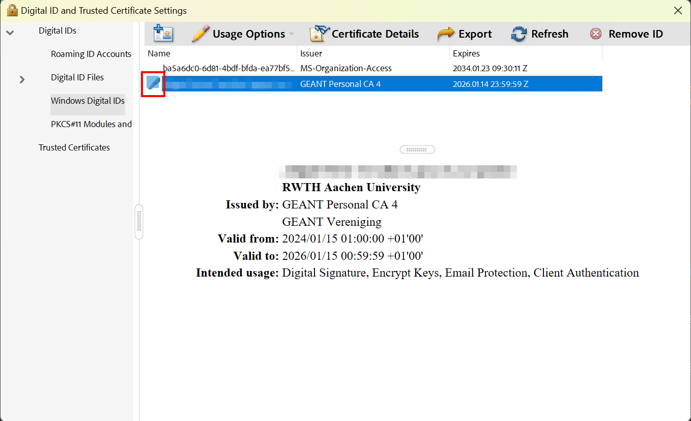 Screenshot of the Windows Digital IDs. A pen icon appears next to the selected certificate.