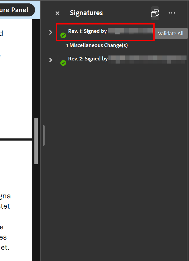 Screenshot of the Signature Panel with 2 signatures listed.