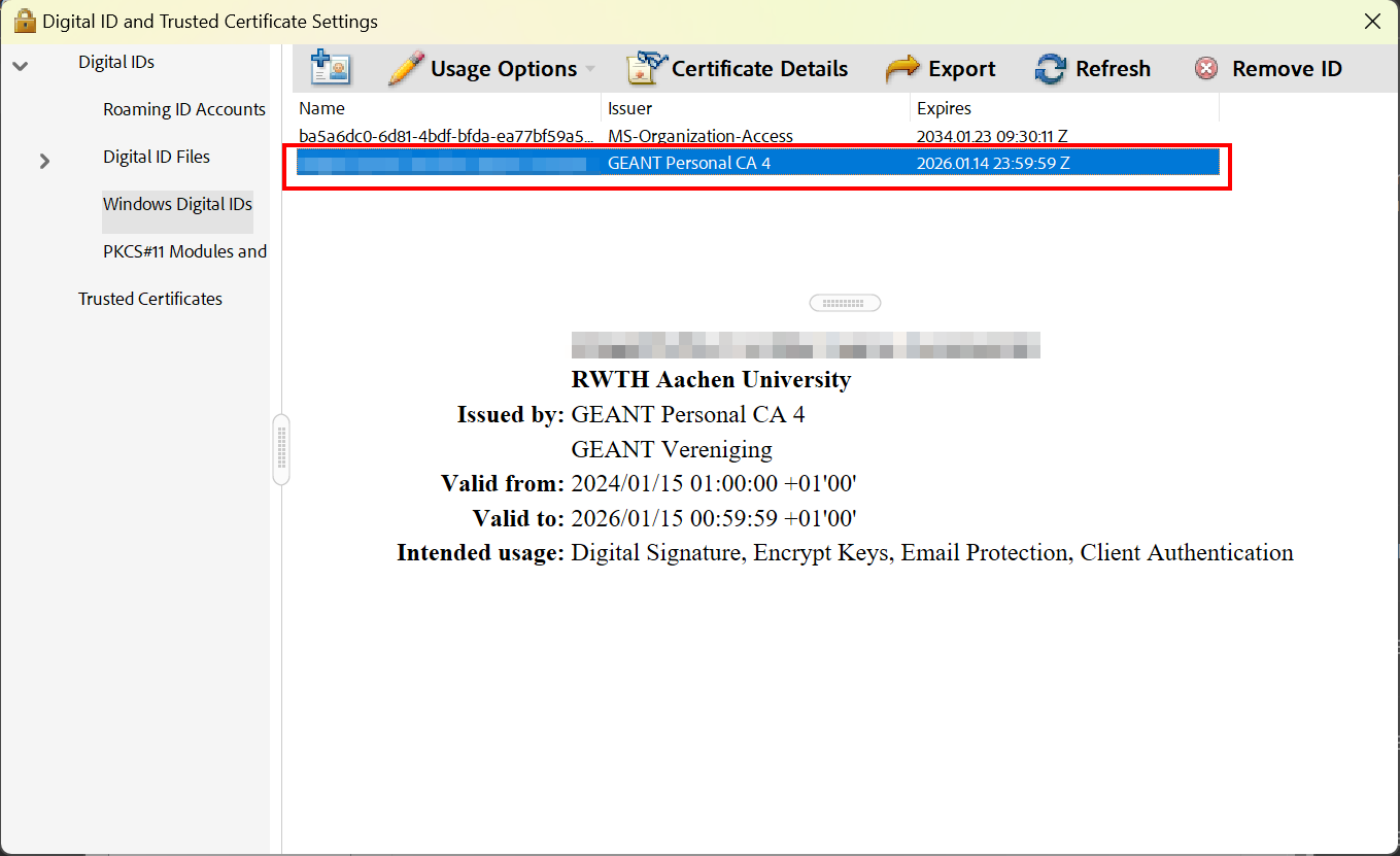 Screenshot of the Windows Digital IDs. The certificates are listed in a table.