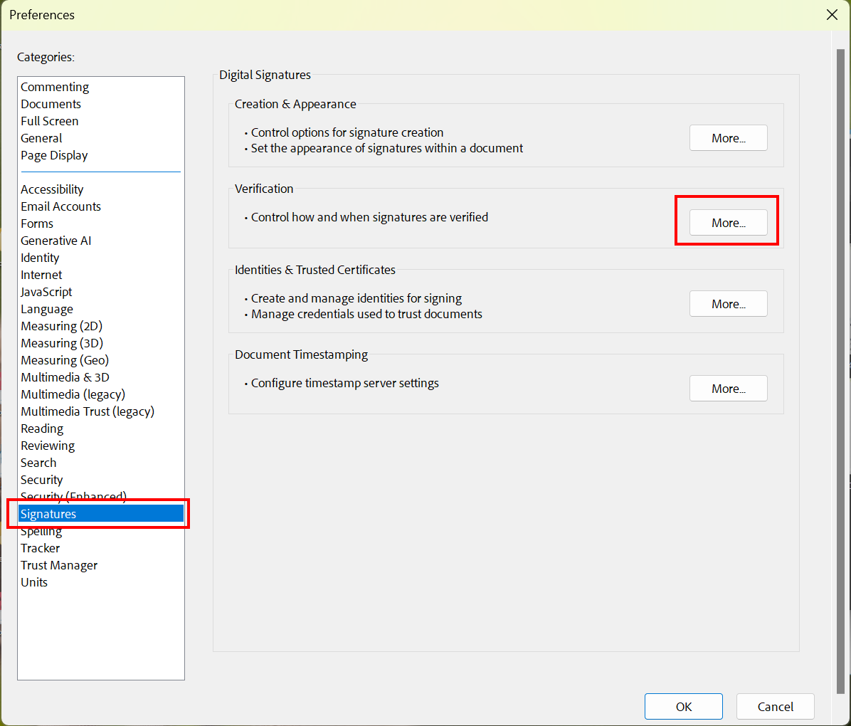 Screenshot of the Preferences. Signatures is located in the Categories, between Security (Enhanced) and Spelling. Verification is the second item on the Digital Signatures Page.