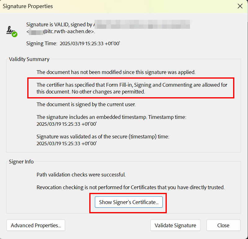 Screenshot of the signature properties. If the documents has not been locked, the message "The certifier has specified that Form Fill-In, Signing and Commenting are allowed" appears in the Validity Summary.