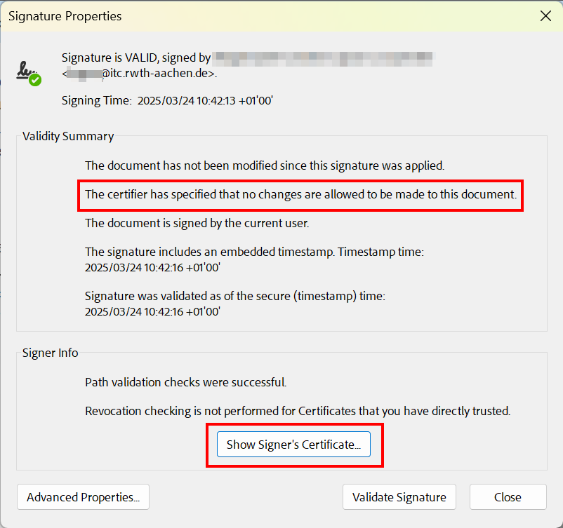 Screenshot of the signature properties. If the documents has been locked, the message "The certifier has specified that no changes are allowed to be made to this document" appears in the validity summary."Show Signer's Certificate" is located under "Signer Info".