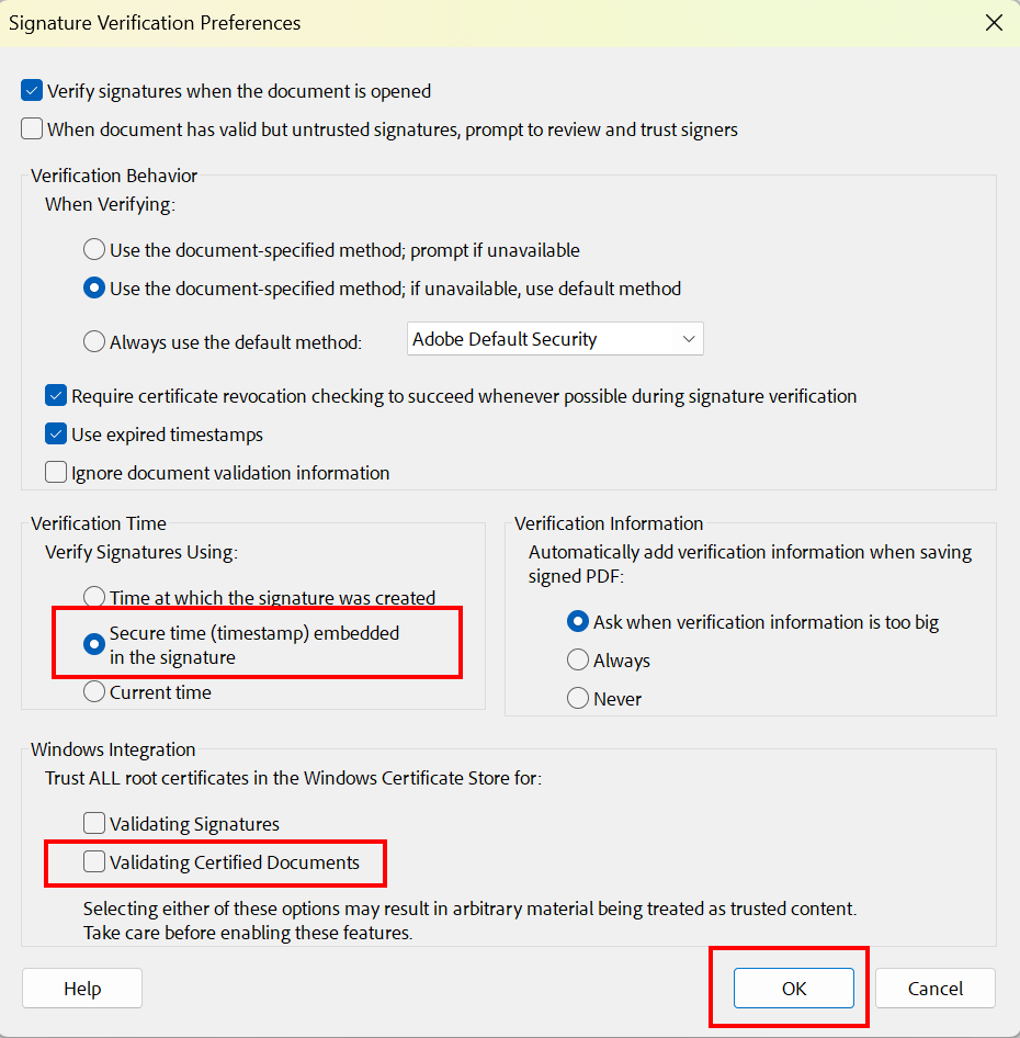 Screenshot of the Signature Verification Preferences window. "Verify Signatures Using" is locating under Verification Time."Secure time (timestamp)" is the second checkbox out of three. "Validating Certified Documents" is the second checkbox under "Windows Integration".