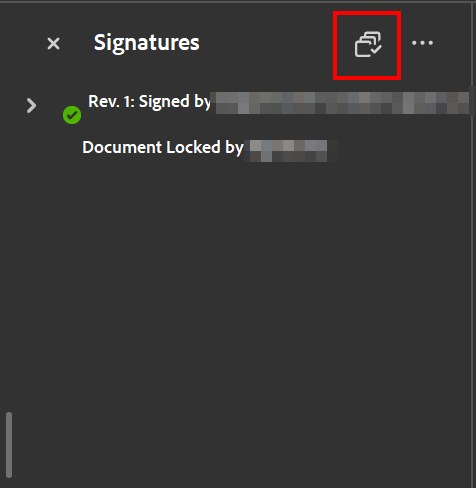 Screenshot of the signature panel. The icon is located next to "Signatures" and is described as "Validate all".