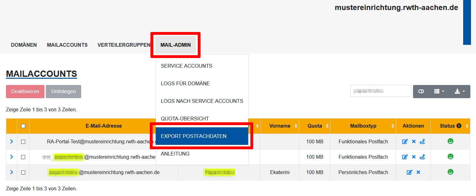 Export Postfachdaten im MailAdm