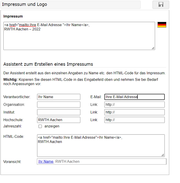 Screenshot des Abschnitts "Impressum und Logo". Unter "Impressum" befindet sich einen Freitextfeld.