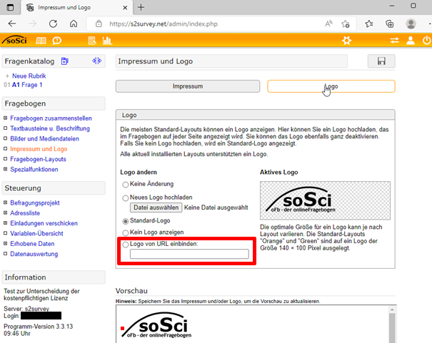 Screenshot der Registerkarte "Logo". Unter "Logo ändern" haben Sie 5 Auswahlmöglichkeiten. "Logo von URL einblenden" ist die fünfte davon.