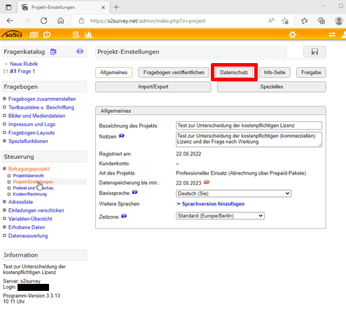 Screenshot der Projekt-Einstellungen. "Datenschutz" ist der dritte von 7 Reitern.