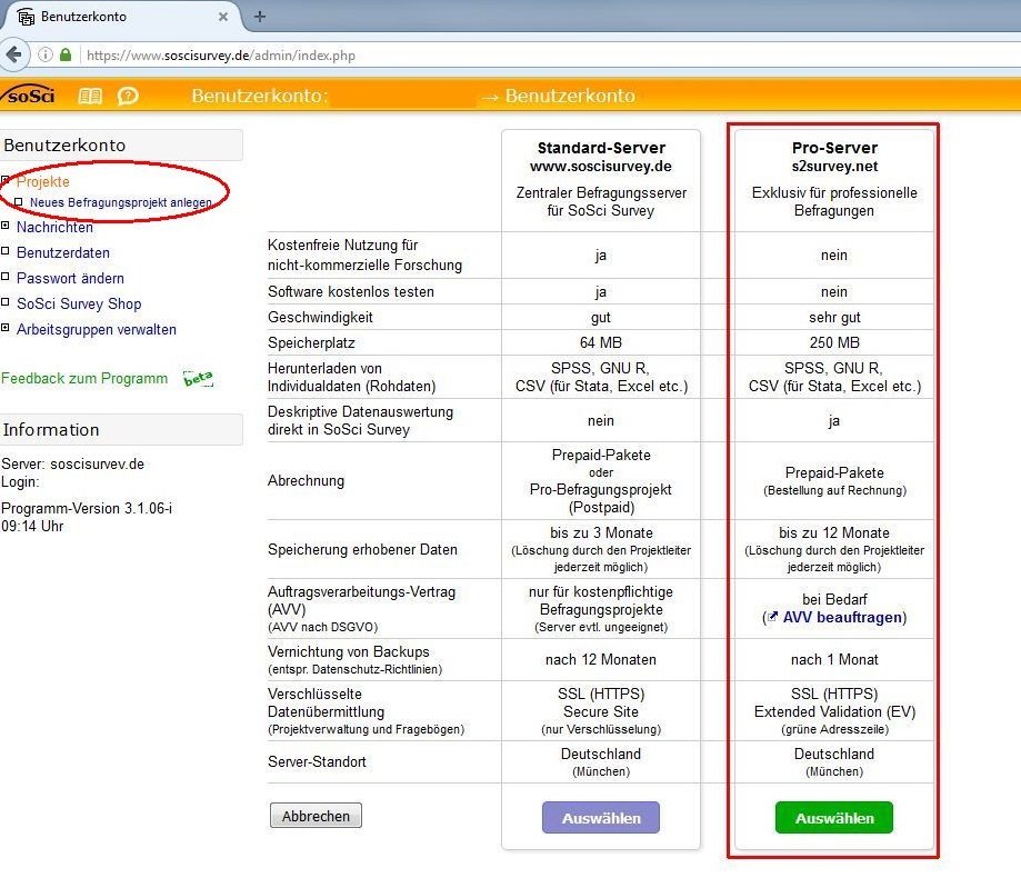 Screenshot der Seite "Neue Befragungsprojekt anlegen". In einer Tabelle werden die Eigenschaften des Standard-Servers und des Pro-Servers aufgelistet. Die Schaltfläche "Auswählen" wird für jeden Server am Ende der Tabelle angezeigt, nach der Angabe des Server-Standorts.