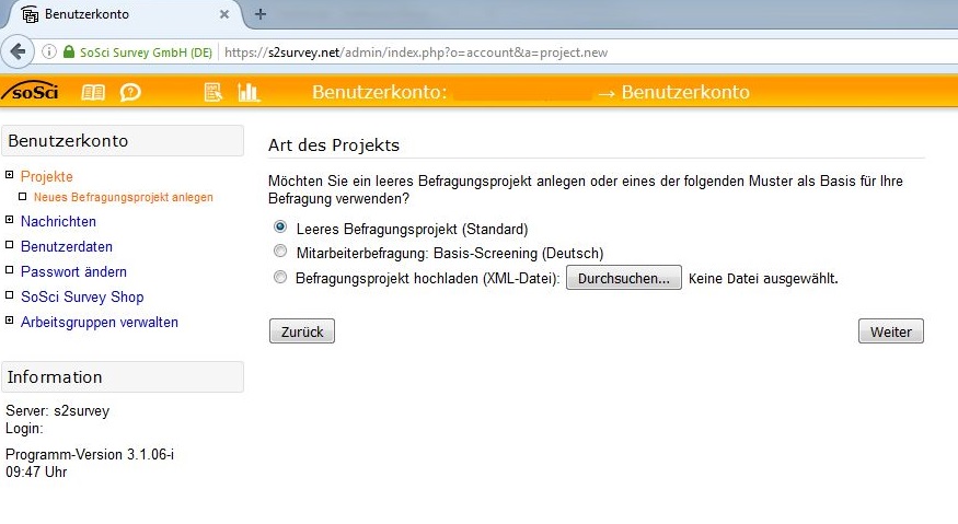 Screenshot der Seite "Art des Projekts". Es sind 3 Arten von Projekten aufgelistet. Darunter befinden sich die Schaltflächen "Zurück" und "Weiter".