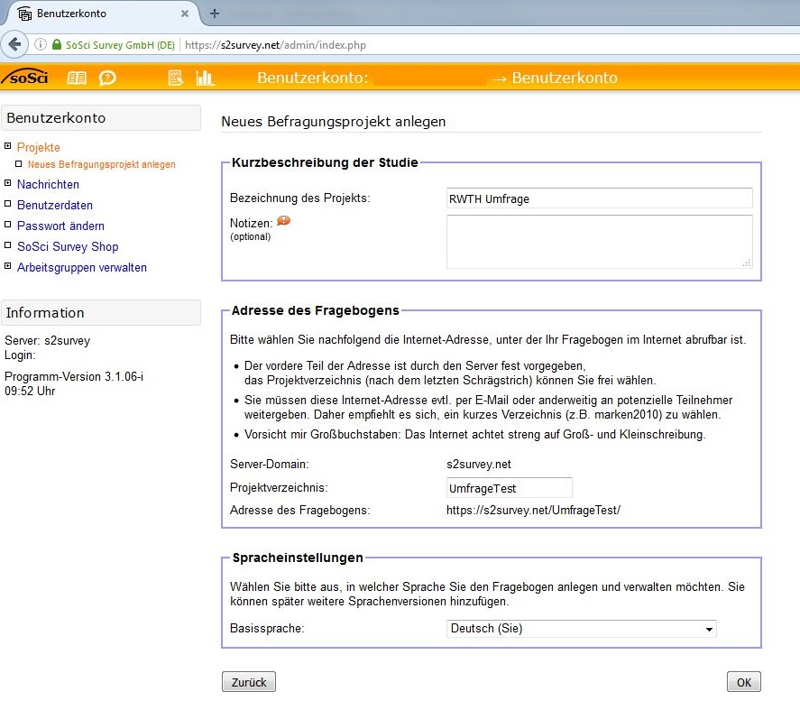 Screenshot der Seite "Befragungsprojekt anlegen". Im Abschnitt "Kurzbeschreibung der Studie" müssen Sie einen Namen ("Bezeichnung") für das Projekt eingeben und können Notizen hinzufügen. Im Abschnitt "Adresse des Fragebogens" legen Sie die URL des Fragebogens fest. Im Abschnitt "Spracheinstellungen" finden Sie ein Dropdown-Menü, in dem Sie eine Basissprache auswählen können. Darunter befindet sich die Schaltfläche "OK".