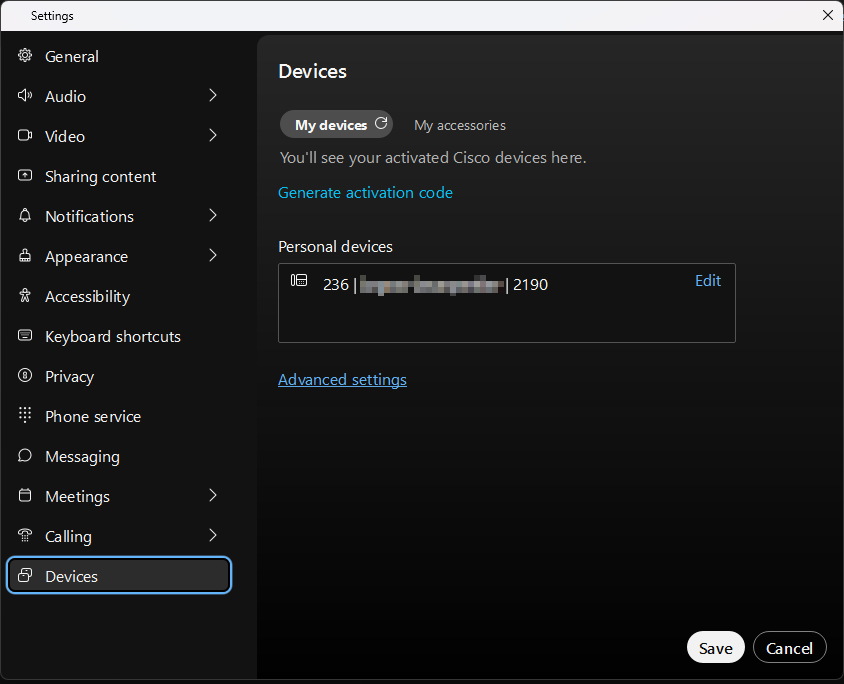 Devices shown in settings