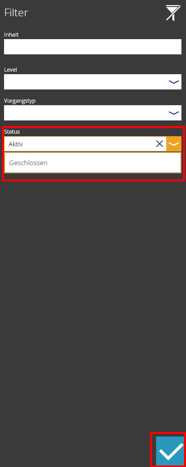 Screenshot der Filteroptionen. Sie können nach Inhalt, Level, Vorgangstyp und Status filtern.