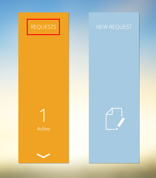 Screenshot of the Ticketportal home page. The "Requests" button is located before the "New Request" button.