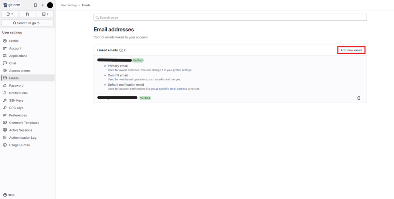 The “Add new email” button is selected