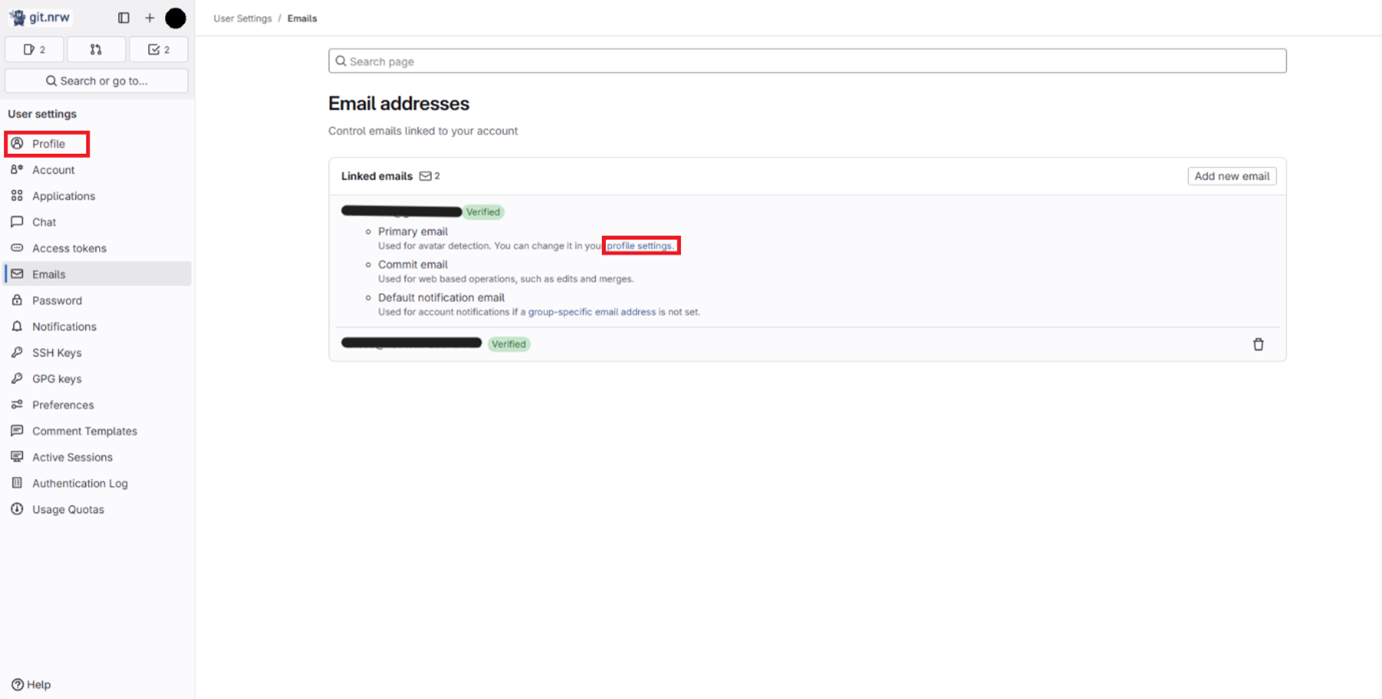 The “profile settings” link is selected below the primary e-mail address