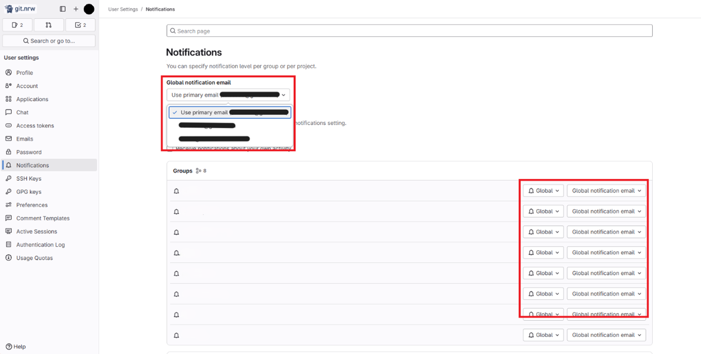 The newly added email address is selected globally or locally for groups in the notification view
