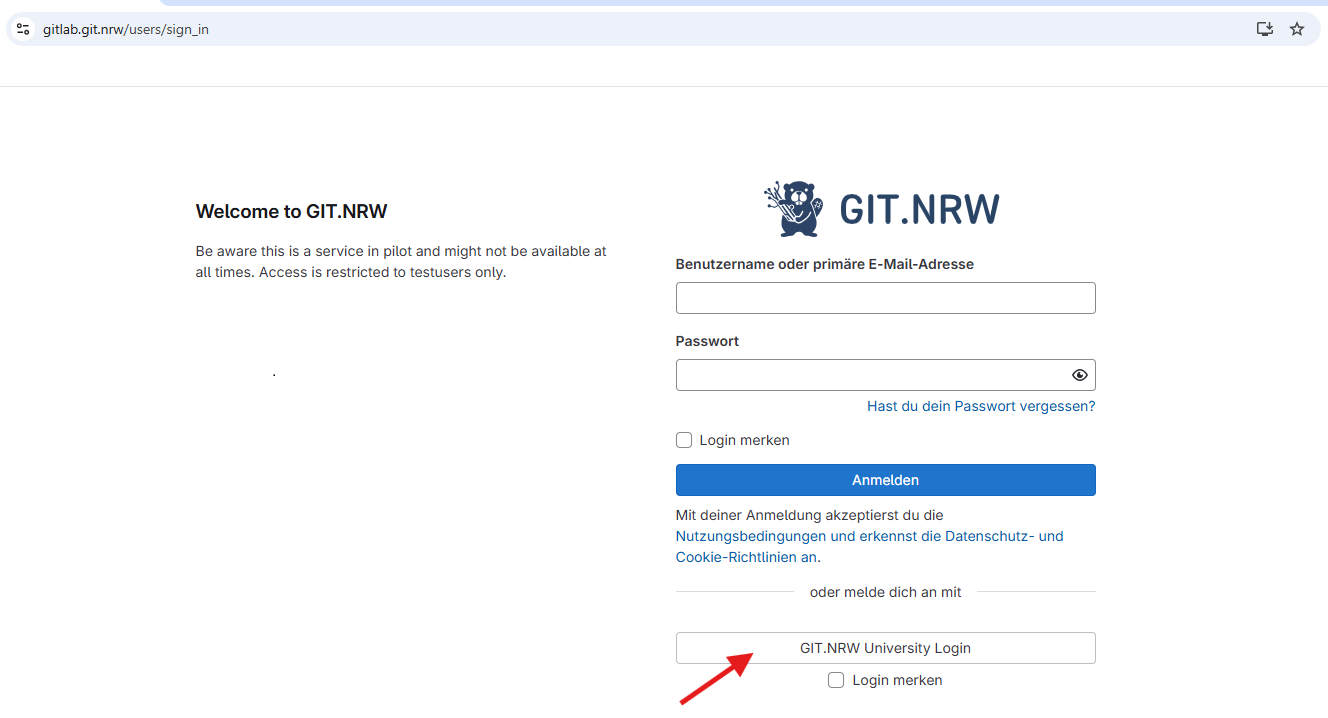 Ein Screenshot der Anmeldeseite von git.nrw: Der Screenshot zeigt unterschiedliche Anmeldeoptionen. Die Option zur Anmeldung über git.nrw University Login ist hervorgehoben.