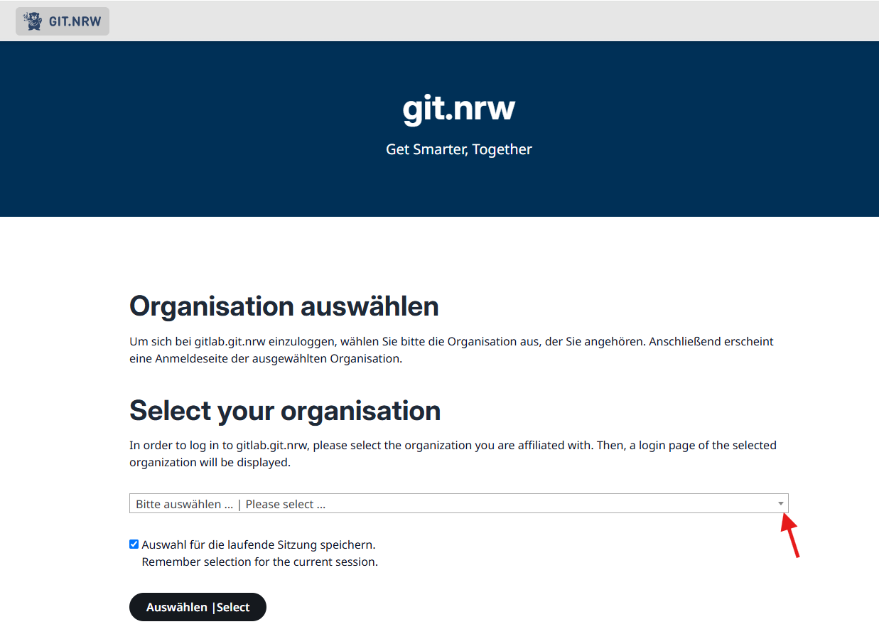 Ein Screenshot der git.nrw-Seite. Der Screenshot zeigt ein Feld mit der Option zur Organisationsauswahl.
