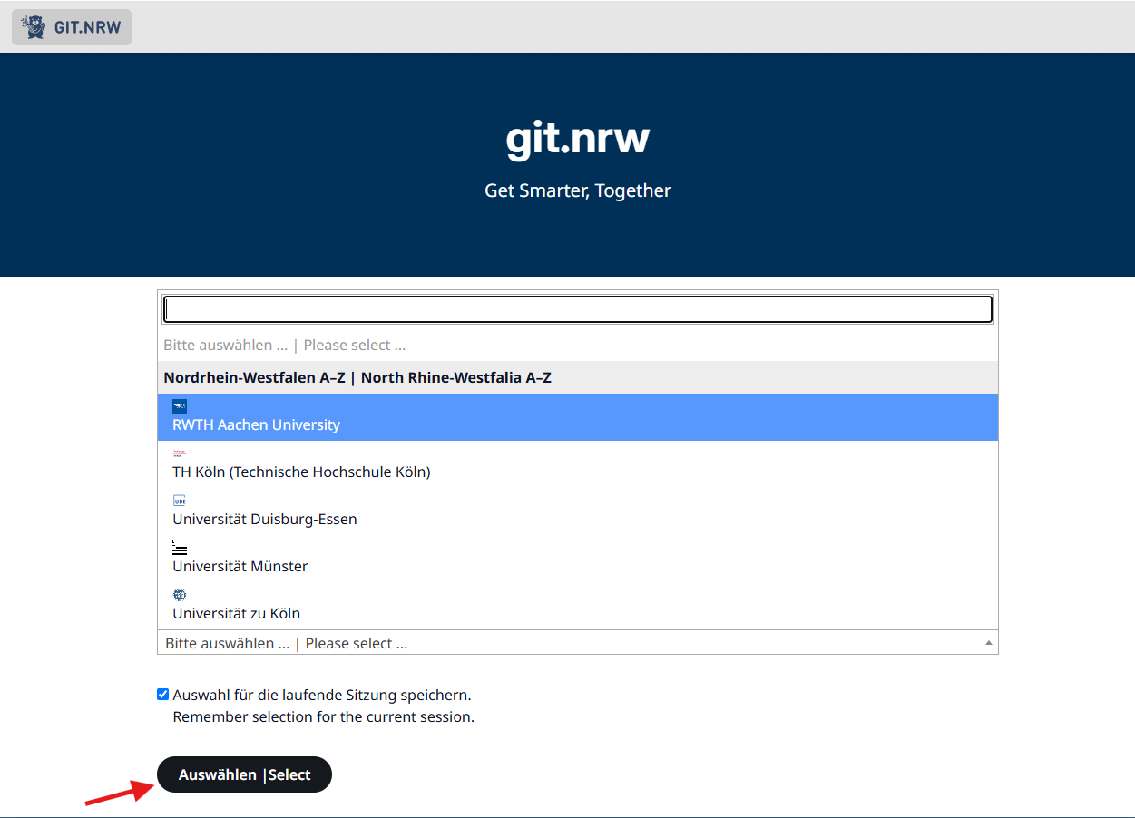 Ein Screenshot der git.nrw-Seite. Auf dem Screenshot ist RWTH Aachen University aus der Liste ausgewählt. Unter der Liste mit Organisationen befinden sich der Auswahl-Button.