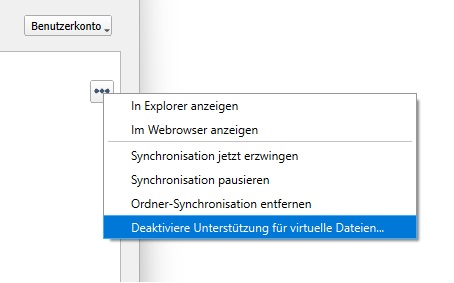 Über das 3 Punkte Menü können Sie Virtuelle Dateien deaktivieren.