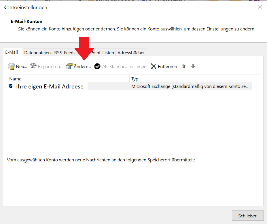 Screenshot des Fensters Kontoeinstellungen, welcher die Auswahl der Optionen aus Schritt 4 grafisch darstellt. Ein Pfeil zeigt die beschriebene Option Ändern an. Ändern befindet sich über dem umrandeten Kasten aus Schritt 3, rechts von Reparieren