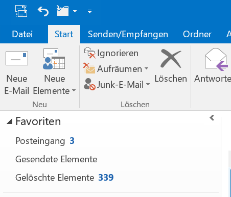 Screenshot der Navigationsleiste im Start Tab (standardmäßig angezeigt), welcher die Auswahl der Optionen aus Schritt 1 grafisch darstellt. Die Auswahl Dateil befindet sich links neben Start.