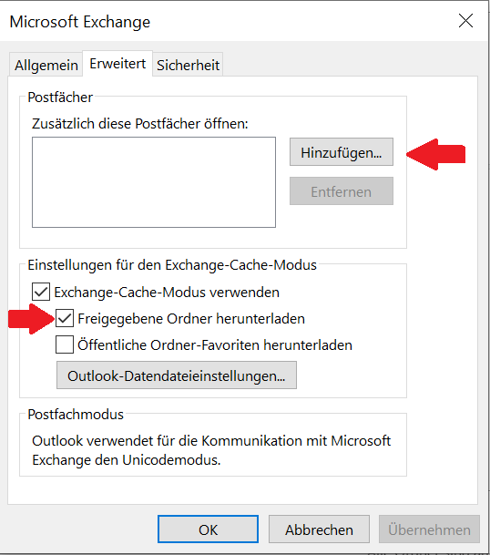 Screenshot des Fensters Microsoft Exchange, welcher die Auswahl der Optionen aus Schritt 7 grafisch darstellt. Die Option Hinzufügen befindet sich rechts von der umrandeten Fläche und ist mit einem Pfeil markiert. Die Option Freigegebene Ordner herunterladen befindet sich unter Exchange Cahe Modus verwenden im Feld Einstellungen für den Exchange-Cache-Modus und ist mit einem Pfeil markiert.