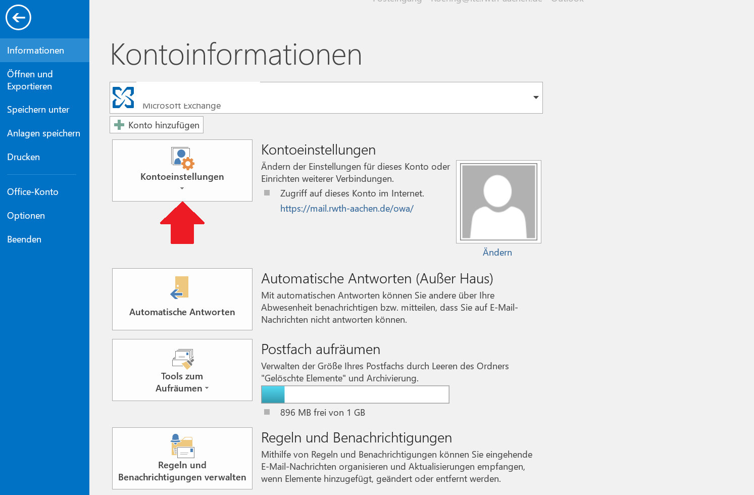 Screenshot des Fensters Kontoinformationen, welcher die Auswahl der Optionen aus Schritt 2 grafisch darstellt. Die Auswahl Kontoeinstellungen befindet sich links vom eigenen Avatar / Profilbild, direkt unter Konto hinzufügen unter Microsoft Exchange.