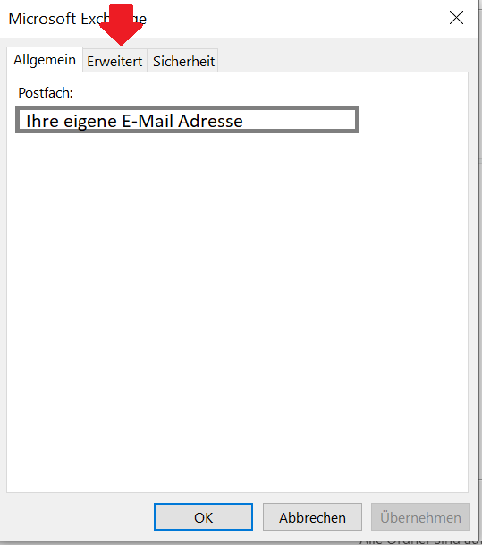 Screenshot des Fensters Microsoft Exchange, welcher die Auswahl der Optionen aus Schritt 6 grafisch darstellt. Die Option Erweitert befindet sich am oberen Rand rechts von Allgemein und ist mit einem Pfeil markiert.