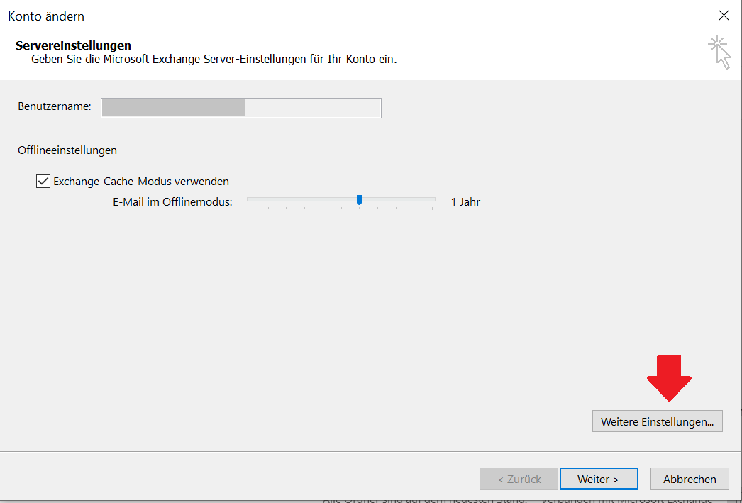 Screenshot des Fensters Konto ändern, welcher die Auswahl der Optionen aus Schritt 5 grafisch darstellt. Die Option Weitere Einstellungen befindet sich am rechten unteren Ende über den Optionen Weiter und Abbrechen und ist mit einem Pfeil markiert.