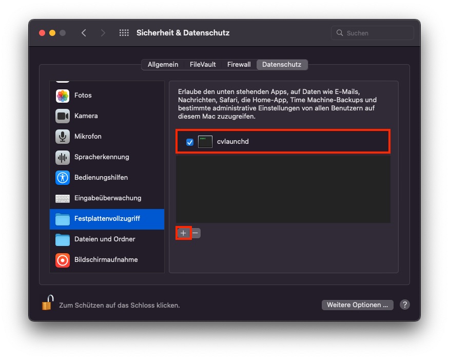 MacOS: Bis Monterey; ... >  Sicherheit&Datenschutz > Festplattenvollzugriff