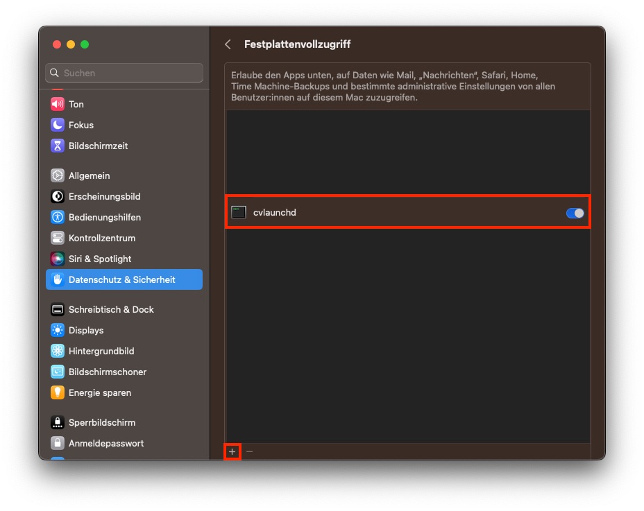 MacOS: Ab Ventura; ... >  Sicherheit&Datenschutz > Festplattenvollzugriff