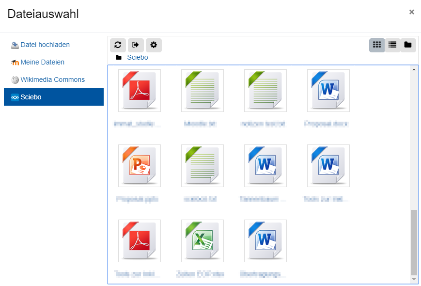 Das Bildschirmfoto zeigt den "Dateiauswahl"-Dialog nach der Anmeldung bei Sciebo. In der oberen Zeile gibt es Icons für "Neu laden", "Verlassen" und "Einstellungen, dazu auf der rechten Seite drei weitere Items zur Auswahl der Dateiansicht, "Symbol" (ist aktiviert), "Liste" und "Ordnerstruktur". Im Darstellungsbereich für Dateien, sind elf Datei-Symbole zu sehen, unter anderem PDF-, Word- und Excel-Dateien. Für jede Datei wird ein Symbol für den entsprechenden Dateityp und der Name angezeigt, der in diesem Bild für alle Dateien verpixelt ist.
