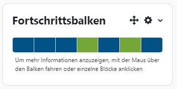 Das Bildschirmfoto zeigt einen Block mit einem Fortschrittsbalken. Von den sieben Flächen sind fünf blau und zwei grün gefärbt, wobei die grünen Blöcke an Position vier und sechs zu finden sind. Unter diesem Balken befindet sich der Text "Um mehr Informationen anzuzeigen, mit der Maus über den Balken fahren oder einzelne Blöcke anklicken.