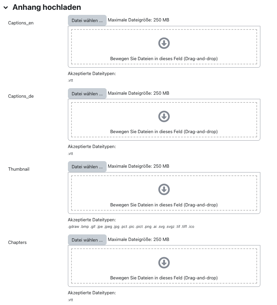 Das Bildschirmfoto zeigt den ausgeklappten Bereich "Anhang hochladen". Es gibt vier Bereiche, "Captions_en", "Captions_de", "Thumbnail" und "Chapters", welche für die Untertitel auf englisch oder deutsch, das Vorschaubild und die Kapiteleinteilung genutzt werden. Die Funktionalität kann entweder per drag and drop oder per Schaltfläche "Datei wählen" genutzt werden.