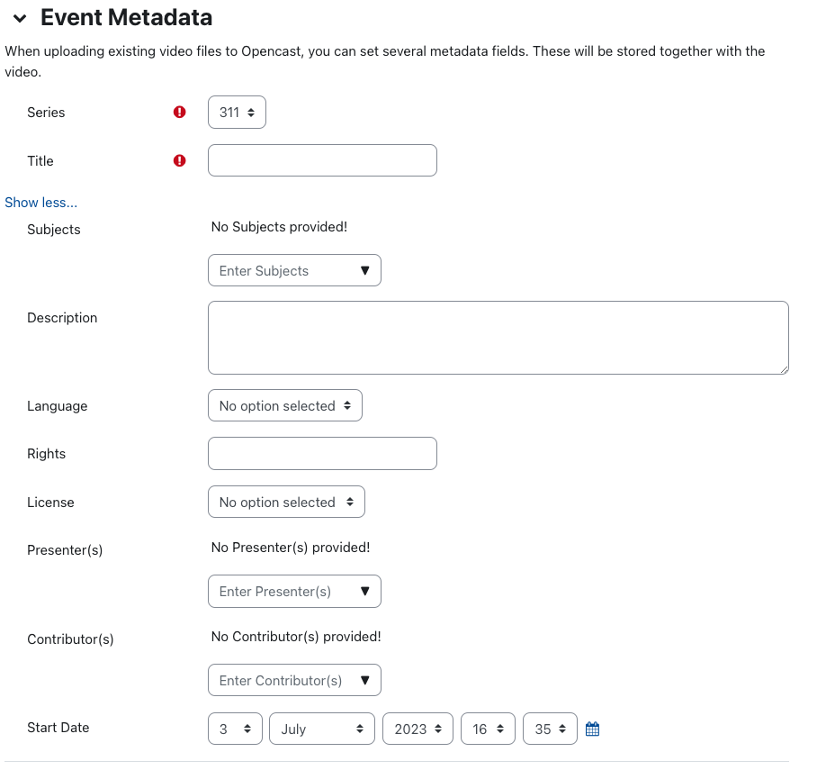 The screenshot shows all available meta data fields for a video, see the detailed list on the help page above this image.