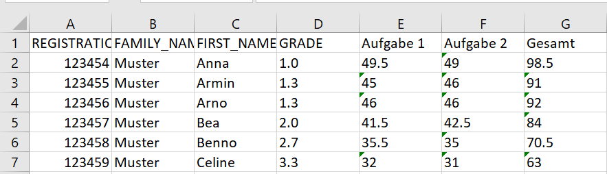 Screenshot: Importierte Datei mit Noten (CSV)