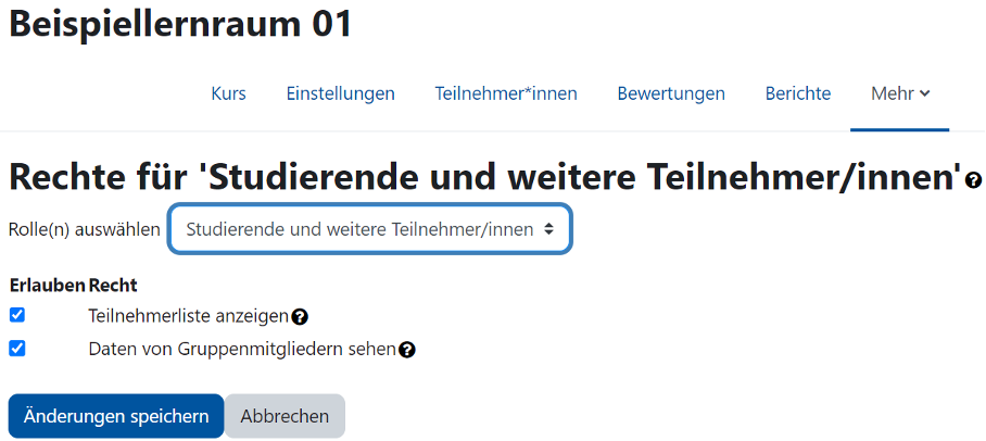 Für einen Beispiellernraum ist die Rechtekonfiguration dargestellt. Hierzu gibt es ein Dropdown-Menü, bei dem im Bild die Option "Studierende und weitere Teilnehmer/innen" gewählt ist. Darunter sind die erlaubten Rechte in einer Liste dargestellt, wo jeder Eintrag mittels Checkbox aktiviert oder deaktiviert werden kann. In diesem Beispiel sind die Optionen "Teilnehmerliste anzeigen" und "Daten von Gruppenmitgliedern sehen" aktiviert. Die beiden Schaltflächen "Änderungen speichern" und "Abbrechen" bilden die Optionen zum Verlassen des Einstellungsfensters.