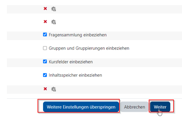 Dieser Bildschirmausschnitt zeigt einige aktivierte und deaktivierte Optionen für die Sicherung eines Kurses. Hierbei ist die Option "Gruppen und Gruppierungen einbeziehen" deaktiviert. Im unteren Bereich folgen die Schaltflächen "Weitere Einstellungen überspringen", "Abbrechen" und "Weiter".