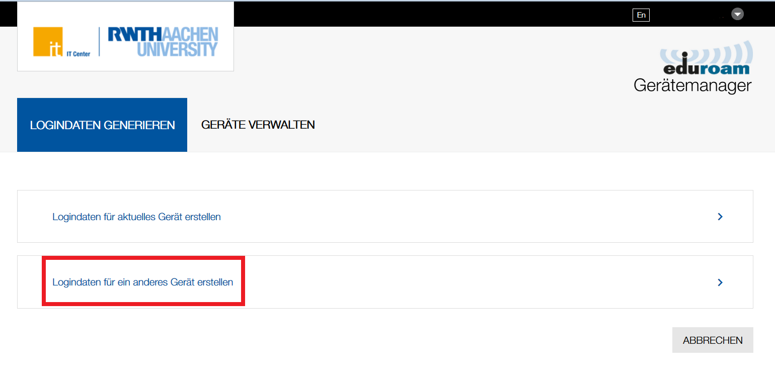 eduroam Gerätemanager 10 Zugangsdaten für ein anderes Gerät anlegen
