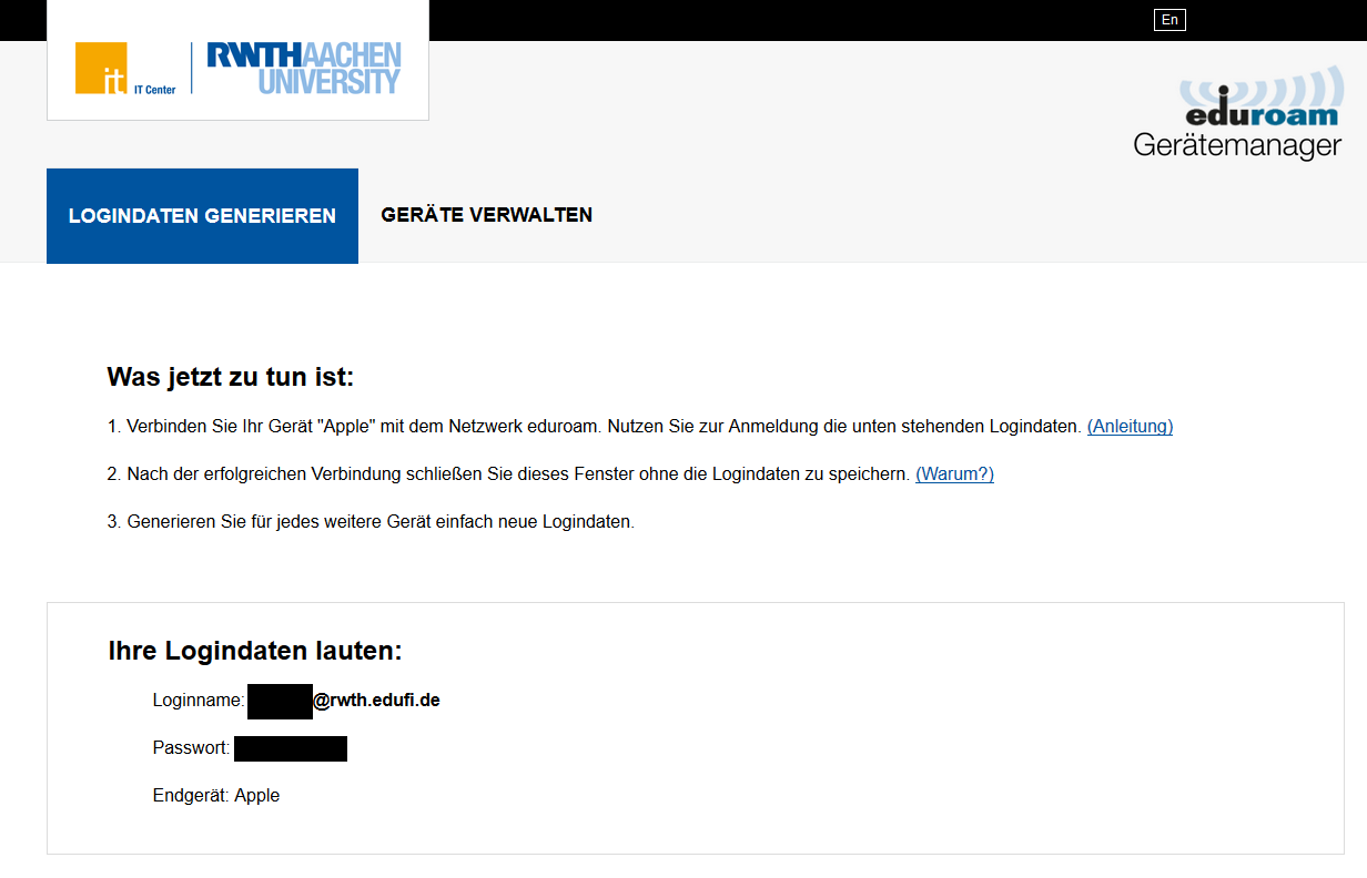 eduroam Gerätemanager 12 Logindaten
