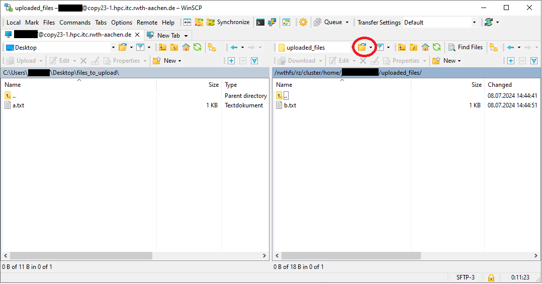 WinSCP window after login. Red circle shows the button that needs to be pressed in order to specify a directory.
