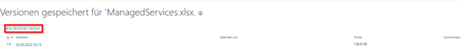 Screenshot des Versionsverlauf. Die Versionen werden in einer Tabelle aufgelistet. Über die Tabelle befindet sich den Button "Alle Versionen löschen".