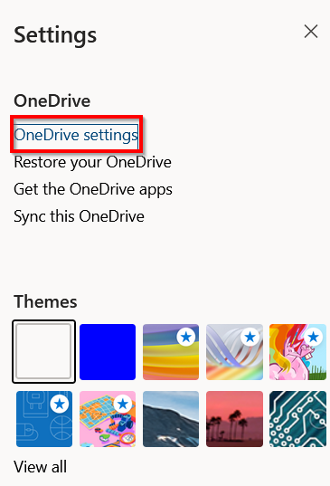 Screenshot of the settings menu. "OneDrive settings" is the first item in the OneDrive section.