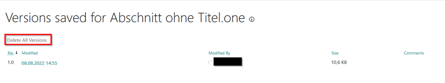 Screenshot of the version history. The versions are listed in a table. The "Delete all versions" button is located above the table.