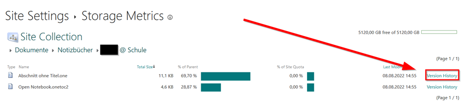 Screenshot of the storage metrics. The "Version history" button appears next to "Last modified" for files. Nothing is displayed in this column for folders.