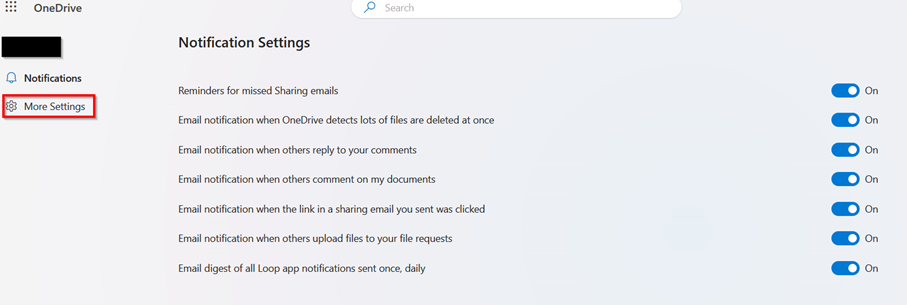 Screenshot of the OneDrive settings. The tab "More settings" can be found under the "Notifications" tab.